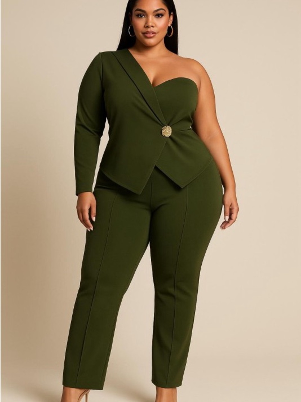 Plus Size Olive One-Shoulder Blazer Two Peice